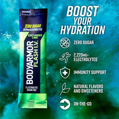 bodyarmor flash iv cucumber lime packets poured into water