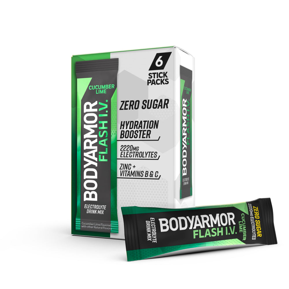 bodyarmor flash iv cucumber lime packets in packaging for on-the-go hydration