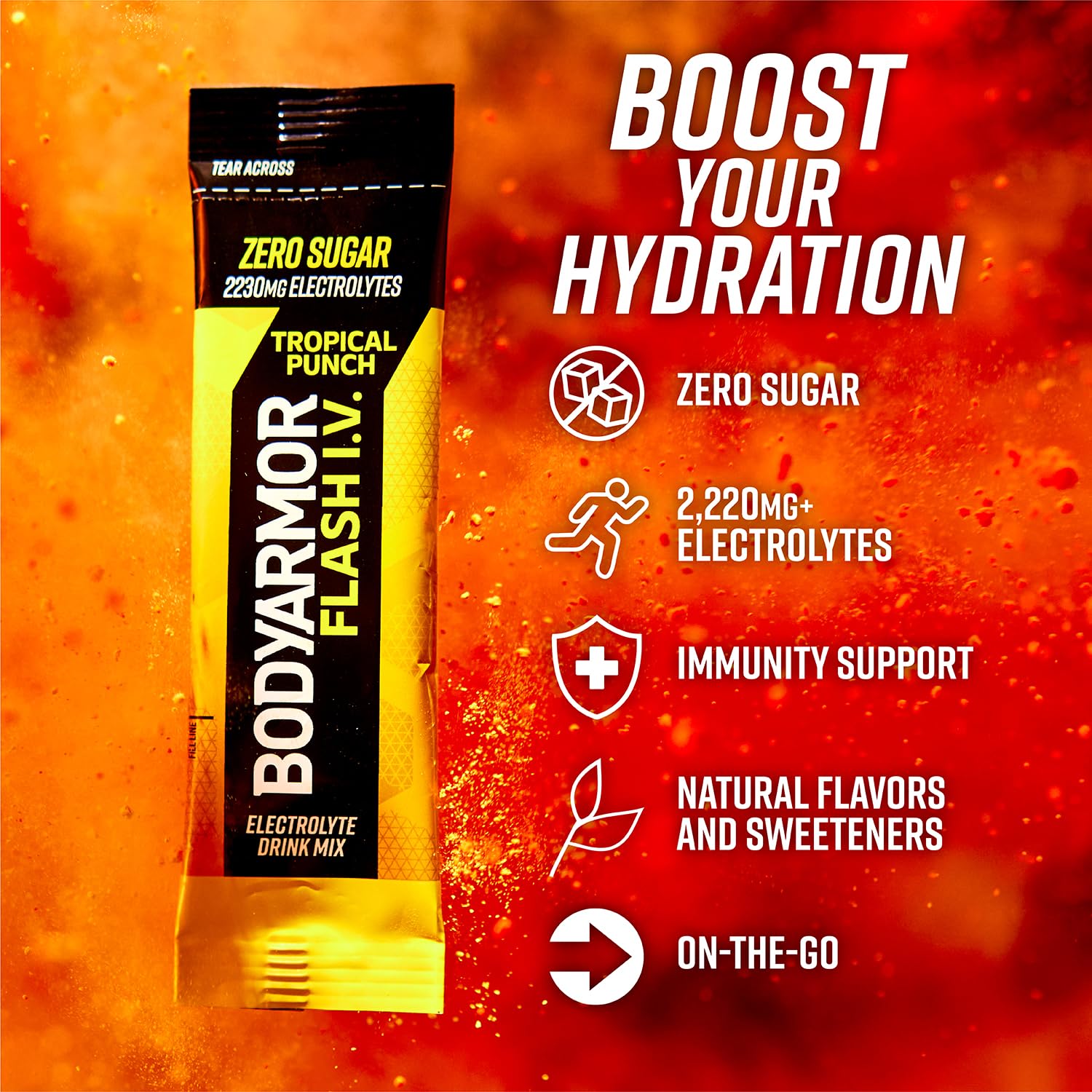 BODYARMOR Flash I.V. dissolving in a glass with tropical flavor boost.