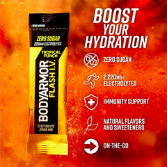 BODYARMOR Flash I.V. dissolving in a glass with tropical flavor boost.