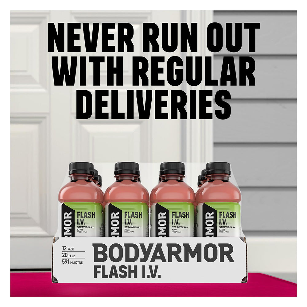 BODYARMOR Flash IV electrolyte bottle highlighting potassium-packed electrolytes for daily hydration.