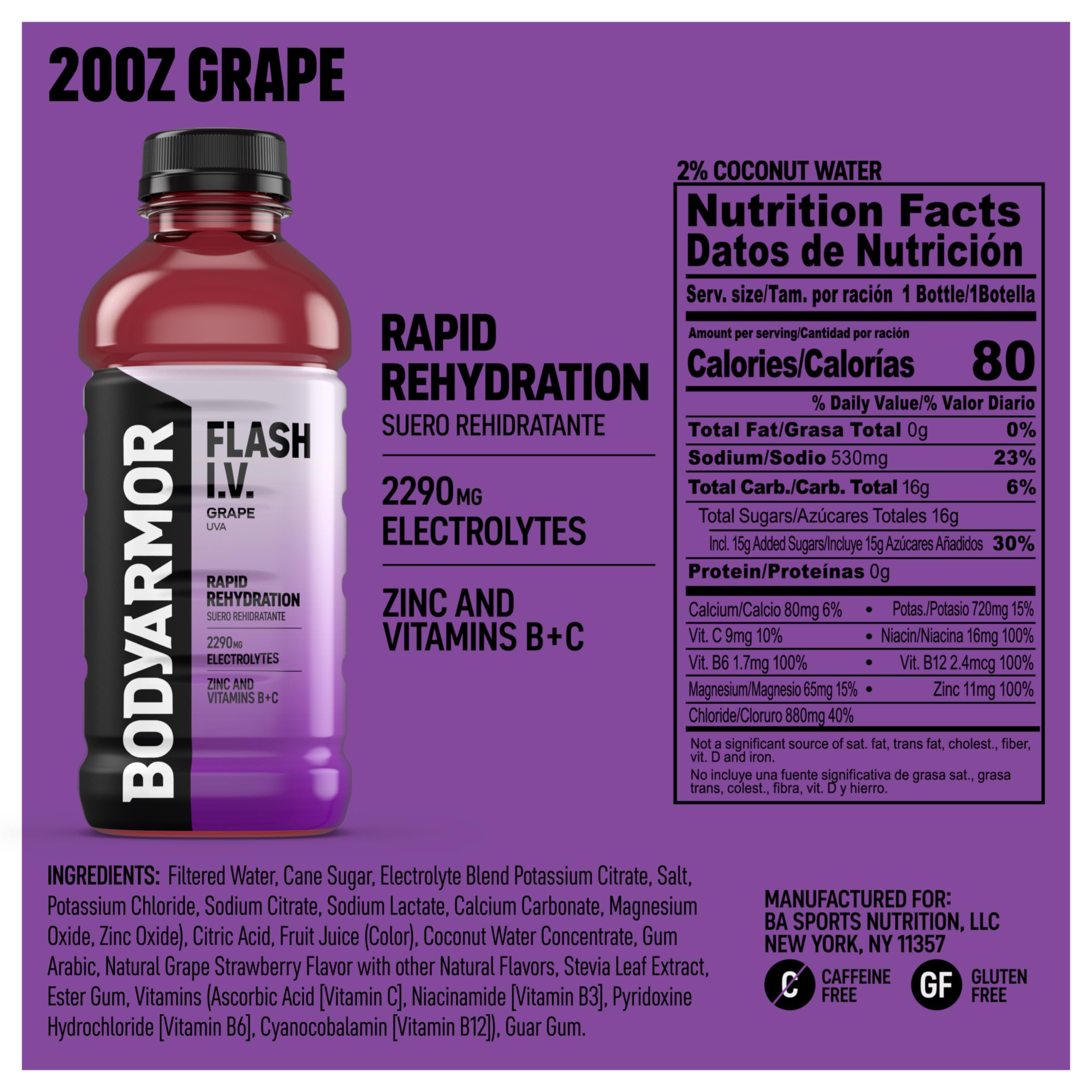 BodyARMOR Flash I.V. Grape bottle label close-up showing no artificial ingredients