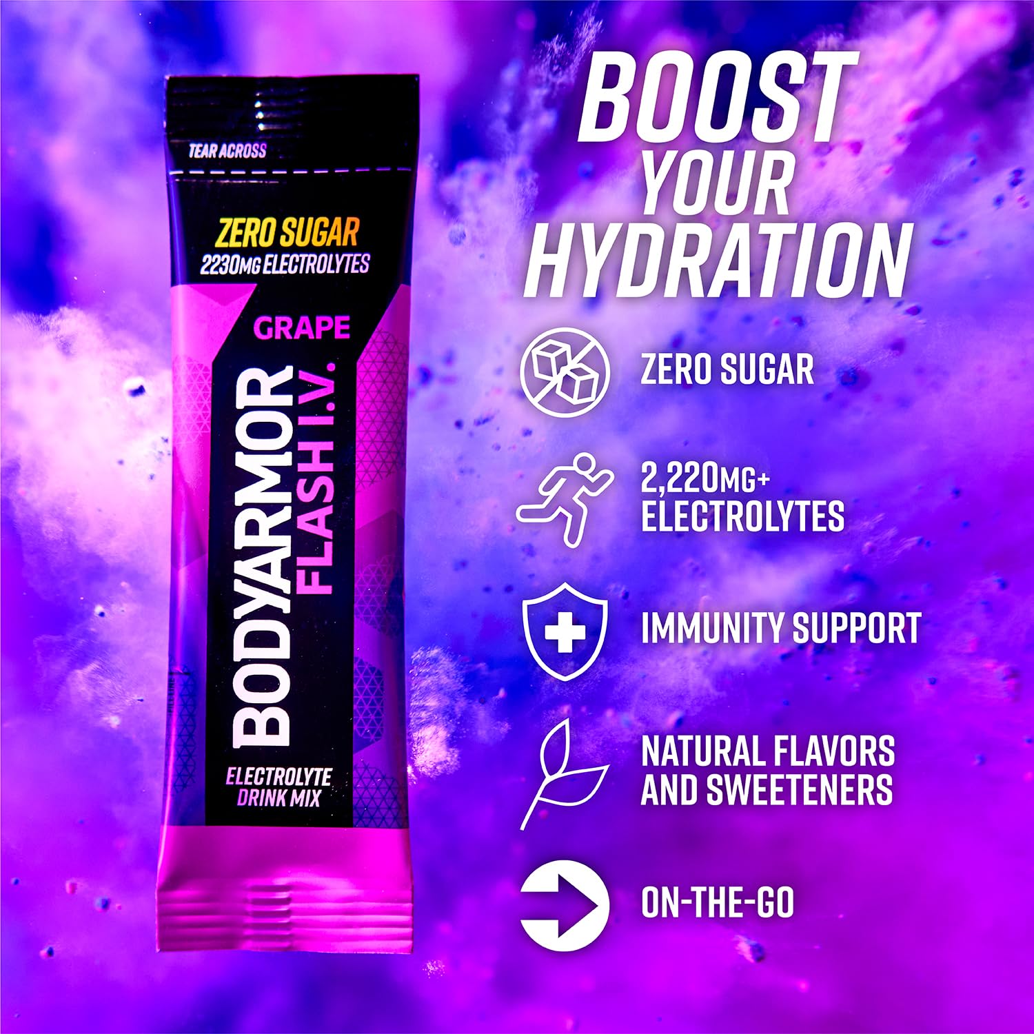Compact 6-pack packaging of BODYARMOR Flash IV grape for convenient hydration.