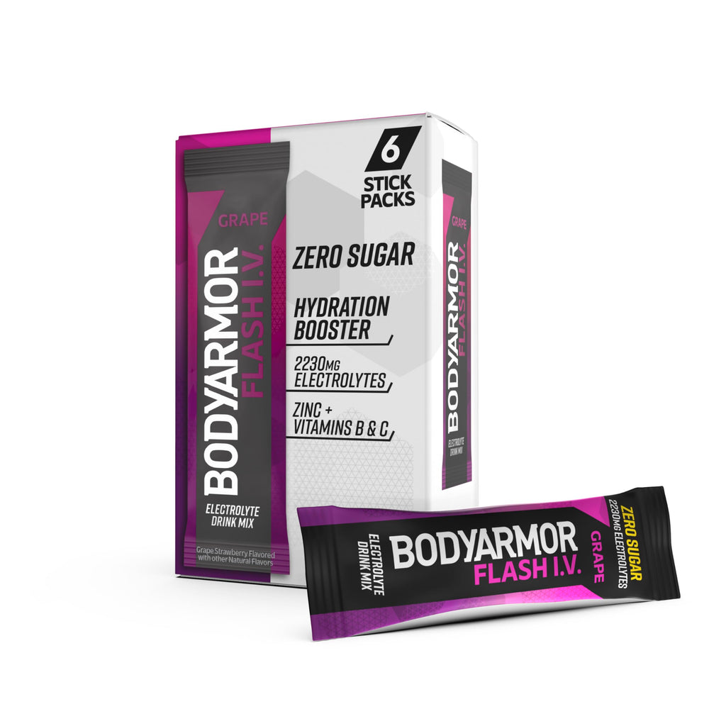 BODYARMOR Flash IV grape sticks for on-the-go hydration with electrolytes and zero sugar.