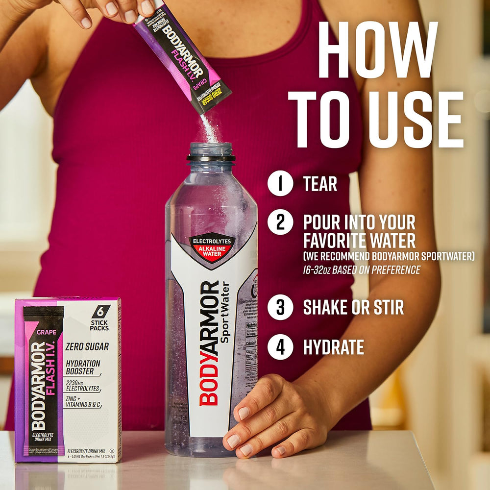 Vitamins B & C and zinc in BODYARMOR Flash IV grape for daily nutrient support.
