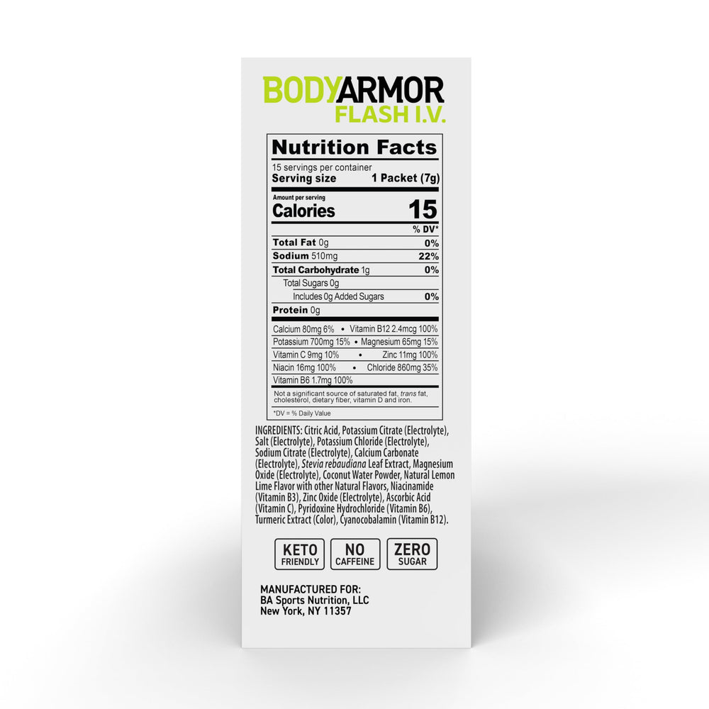 Front view of BodyArmor Flash IV lemon lime pack