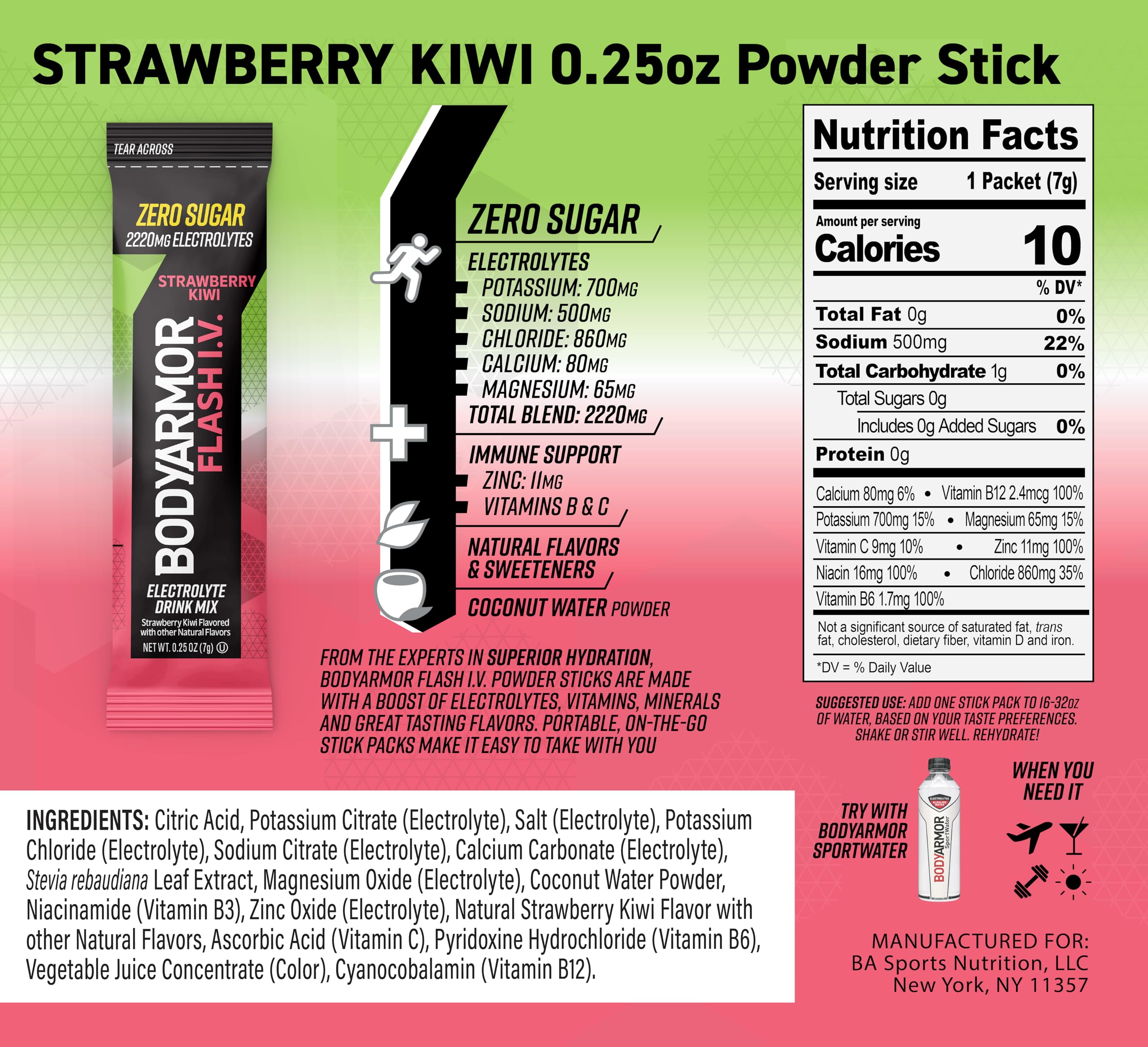 BODYARMOR Flash IV Lemon Lime hydration stick for zero-sugar hydration on the go