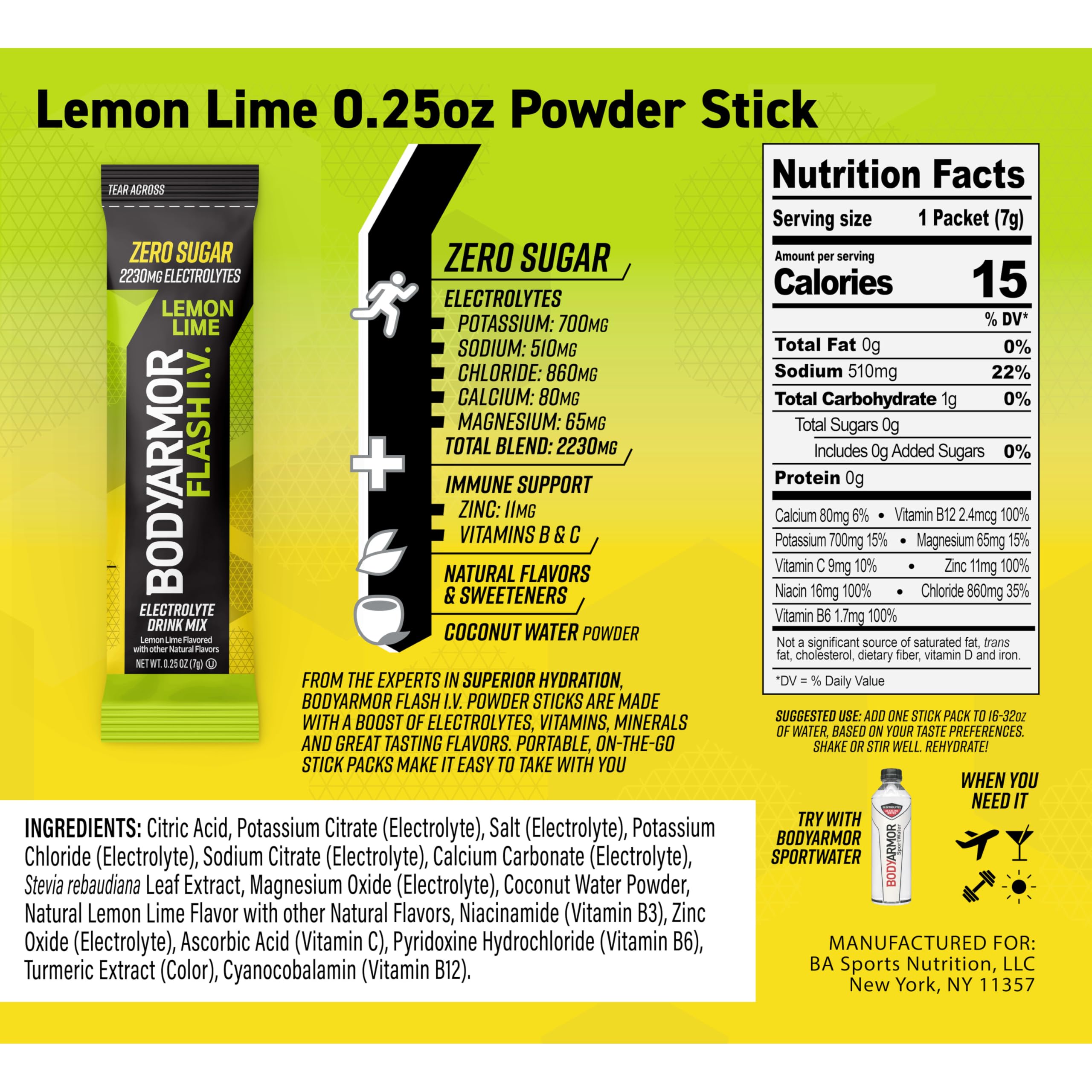 BodyArmor Flash IV lemon lime powder being dispensed for hydration