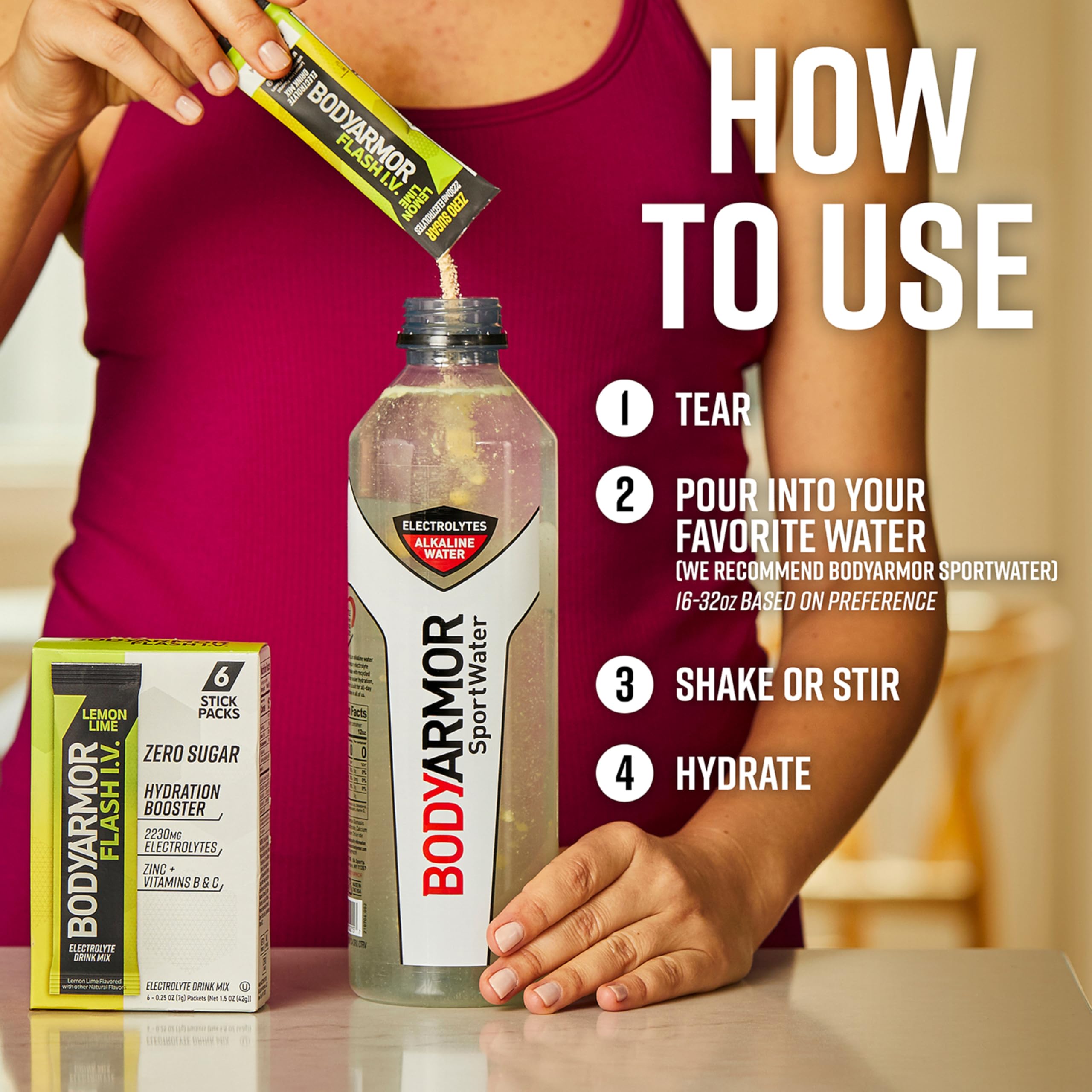 Stirring BodyArmor Flash IV lemon lime to dissolve in water
