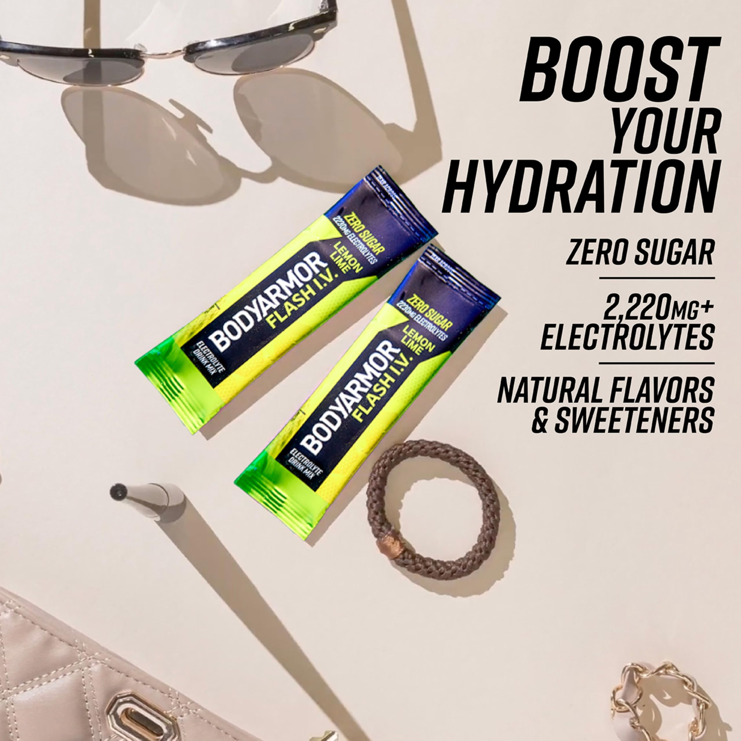 Zero sugar label on BodyArmor Flash IV lemon lime packet