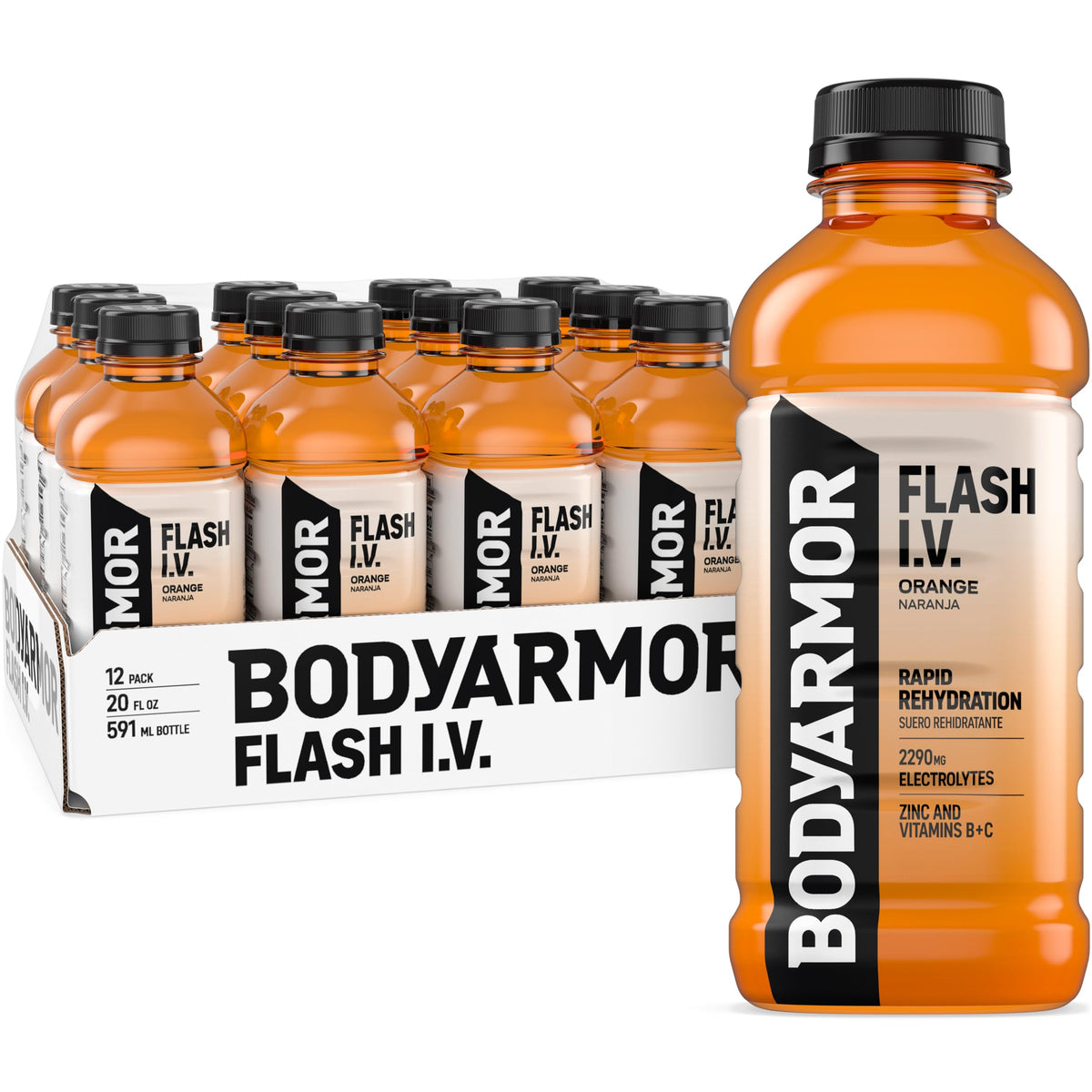 BODYARMOR Flash I.V. Orange bottle front showing electrolyte formula for hydration on the go
