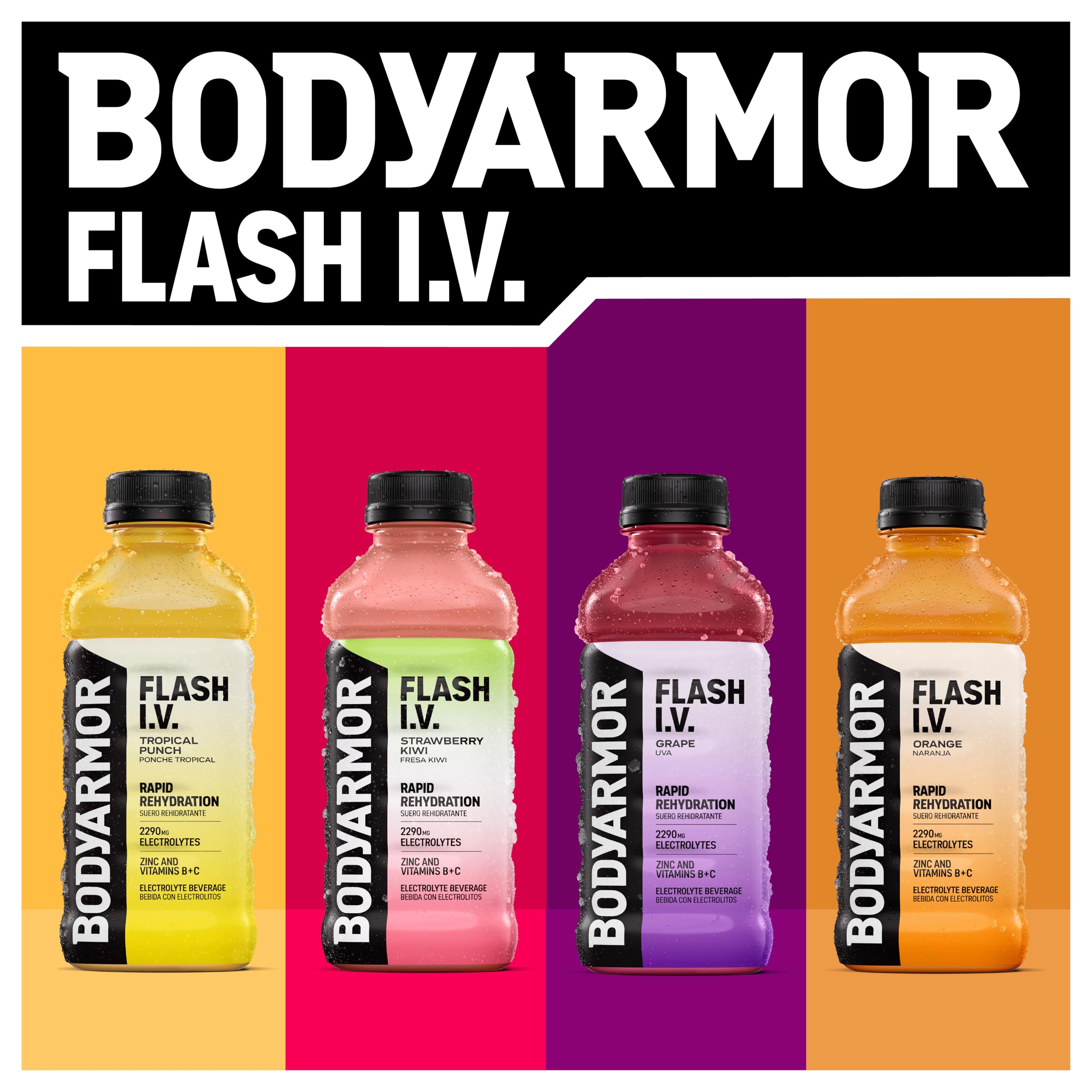 BODYARMOR Flash I.V. Orange nutrition info emphasizing electrolytes and coconut water blend