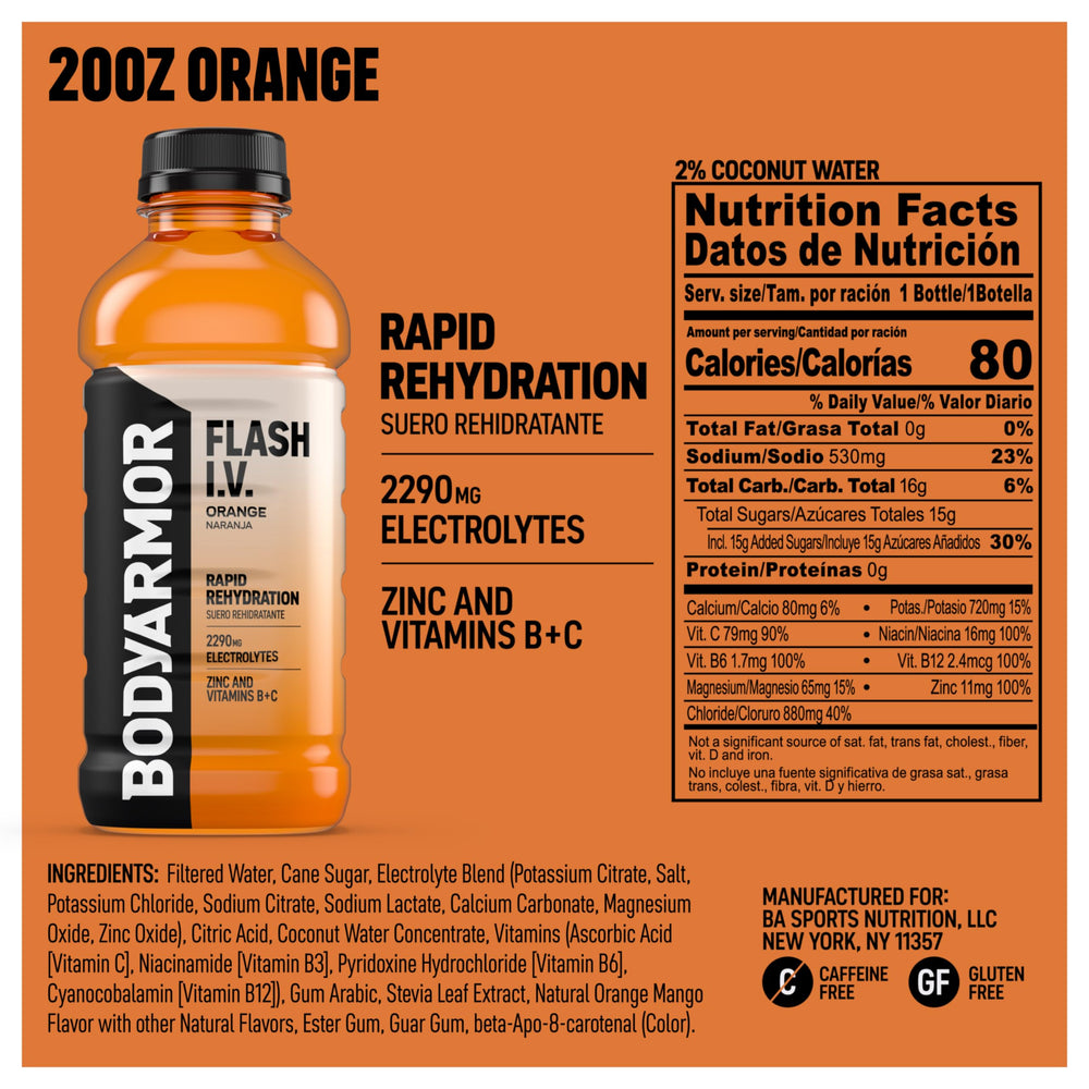 BODYARMOR Flash I.V. Orange poured into a glass for quick hydration after workouts