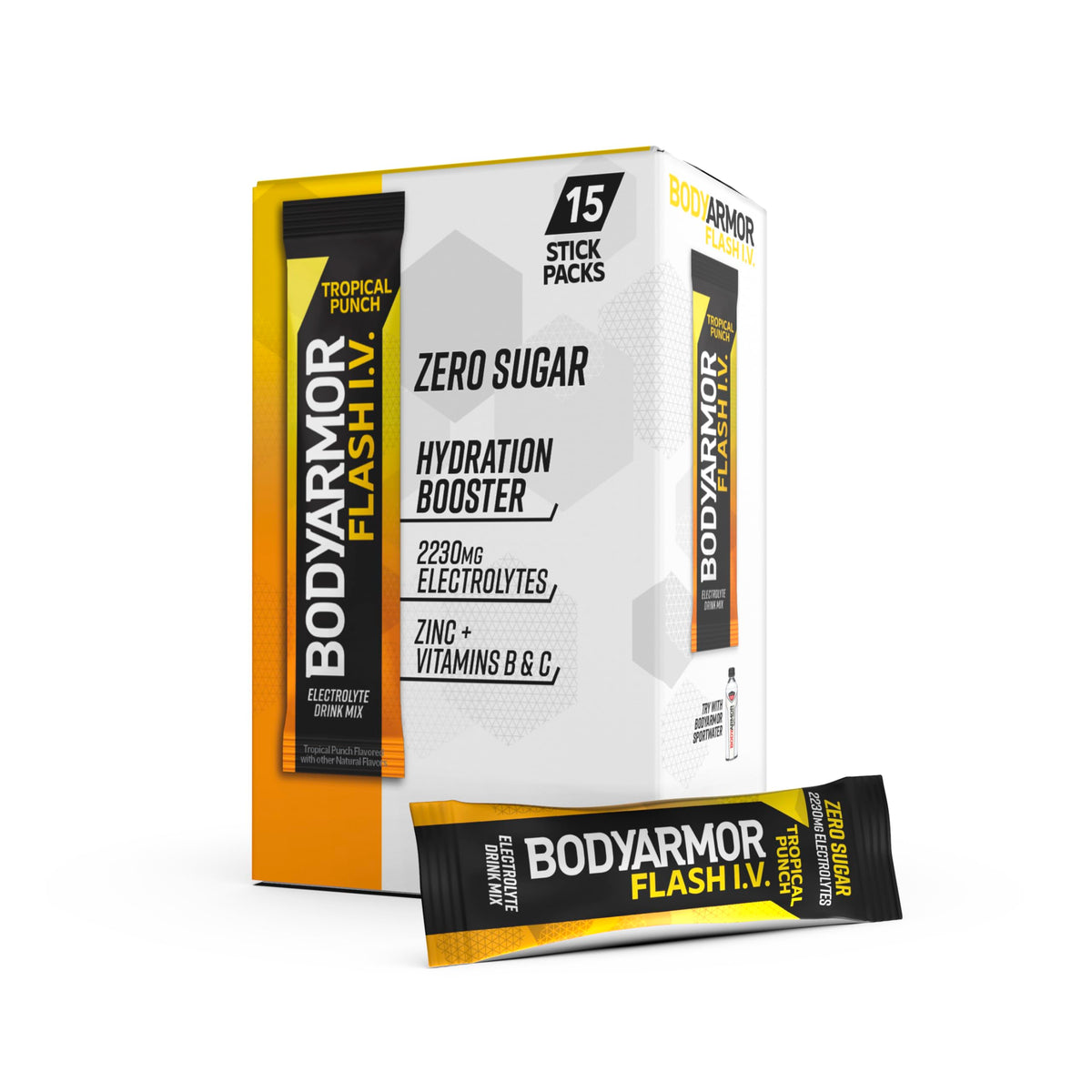 BODYARMOR Flash I.V. Tropical Punch packaging for convenient on-the-go hydration.