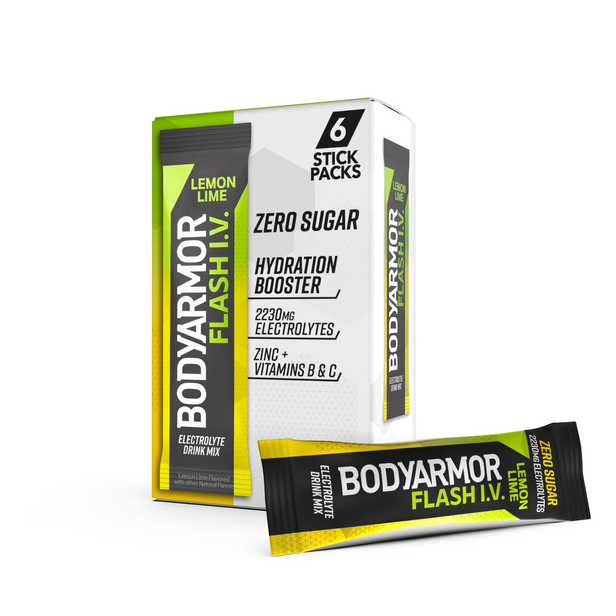 BODYARMOR Flash IV lemon-lime on-the-go packets for portable hydration.
