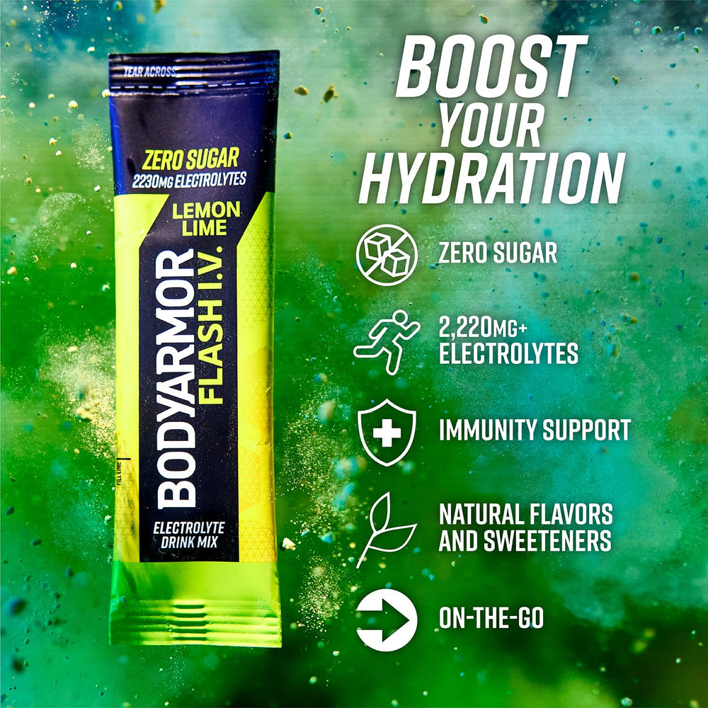 BODYARMOR Flash IV zero-sugar lemon-lime packets offer flavor without sugar.