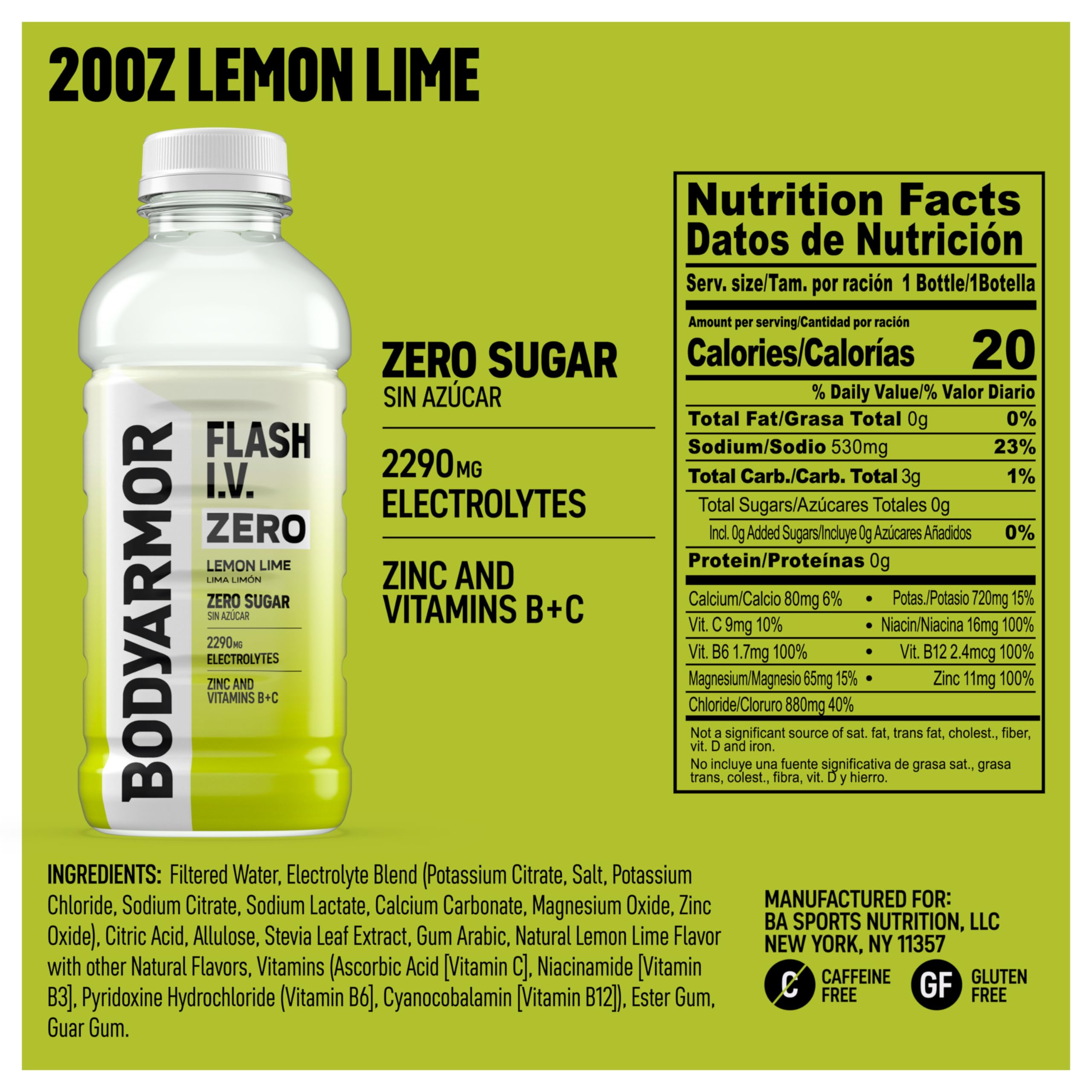 Close-up of BODYARMOR Flash I.V. bottle highlighting electrolyte blends.