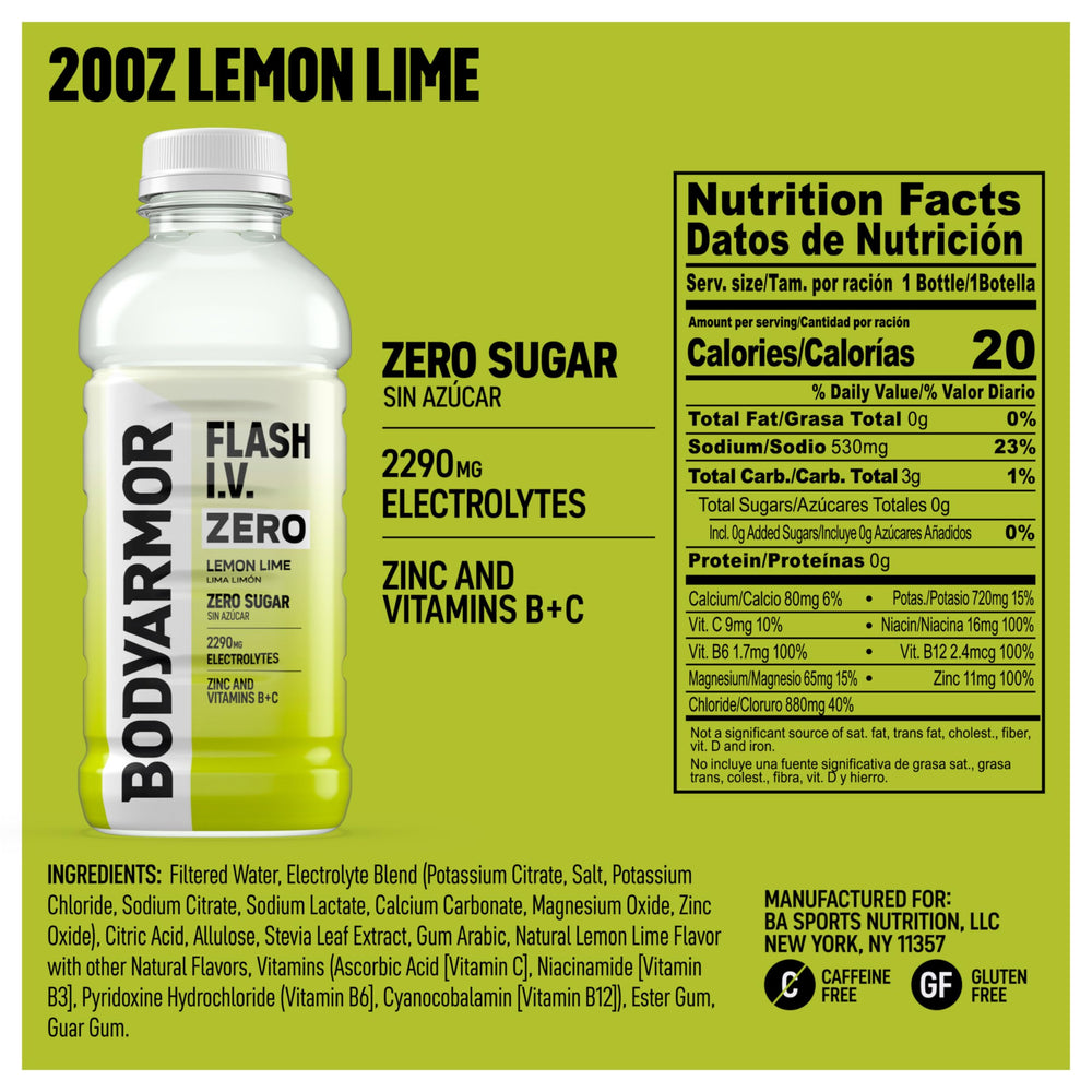 Close-up of BODYARMOR Flash I.V. bottle highlighting electrolyte blends.