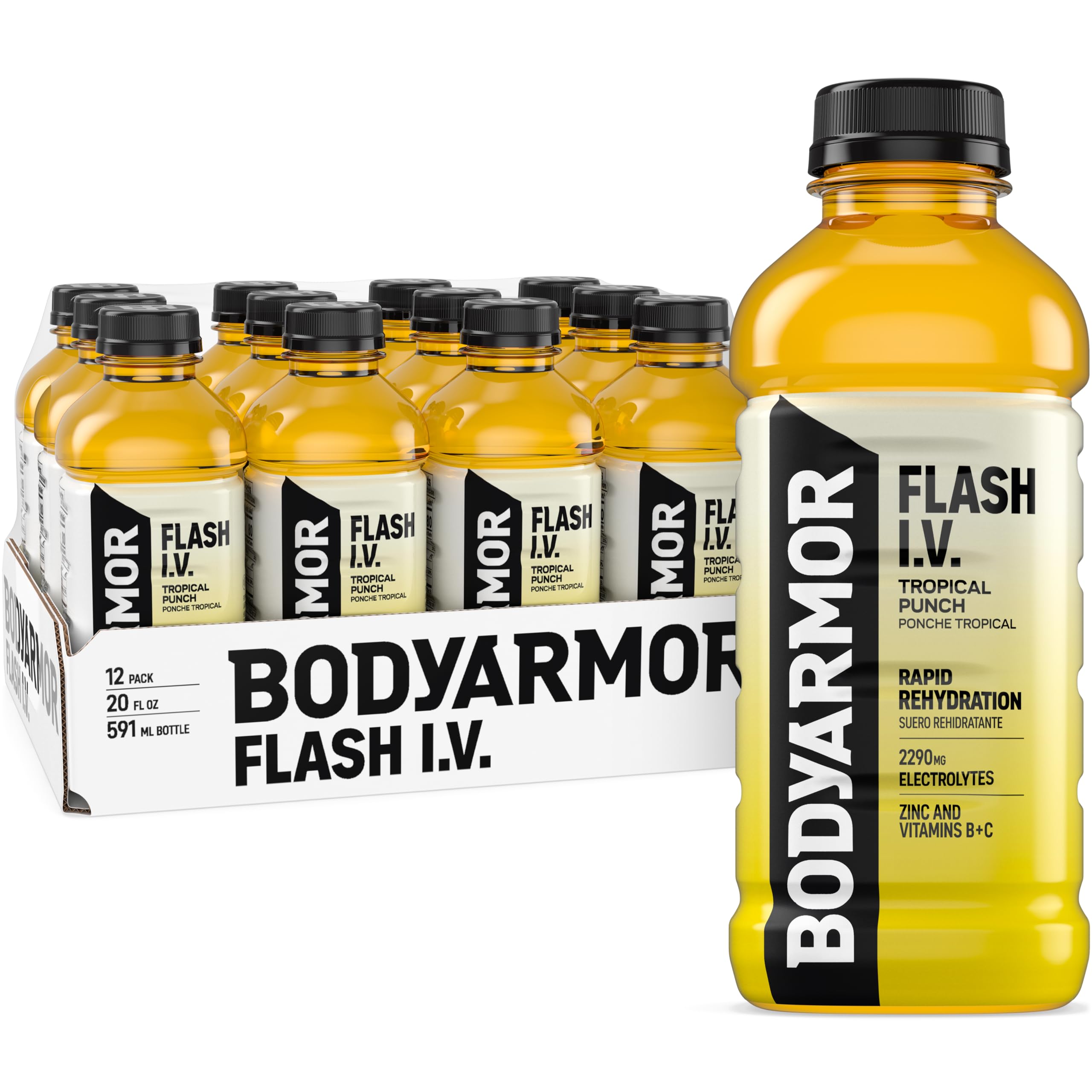 BODYARMOR Flash IV Tropical Punch bottle for quick hydration after workouts.
