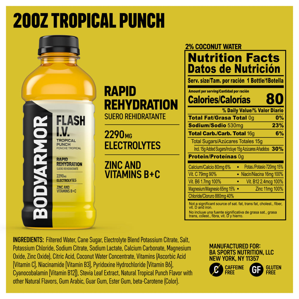 BODYARMOR Flash IV Tropical Punch pour ready for grab-and-go electrolyte hydration.