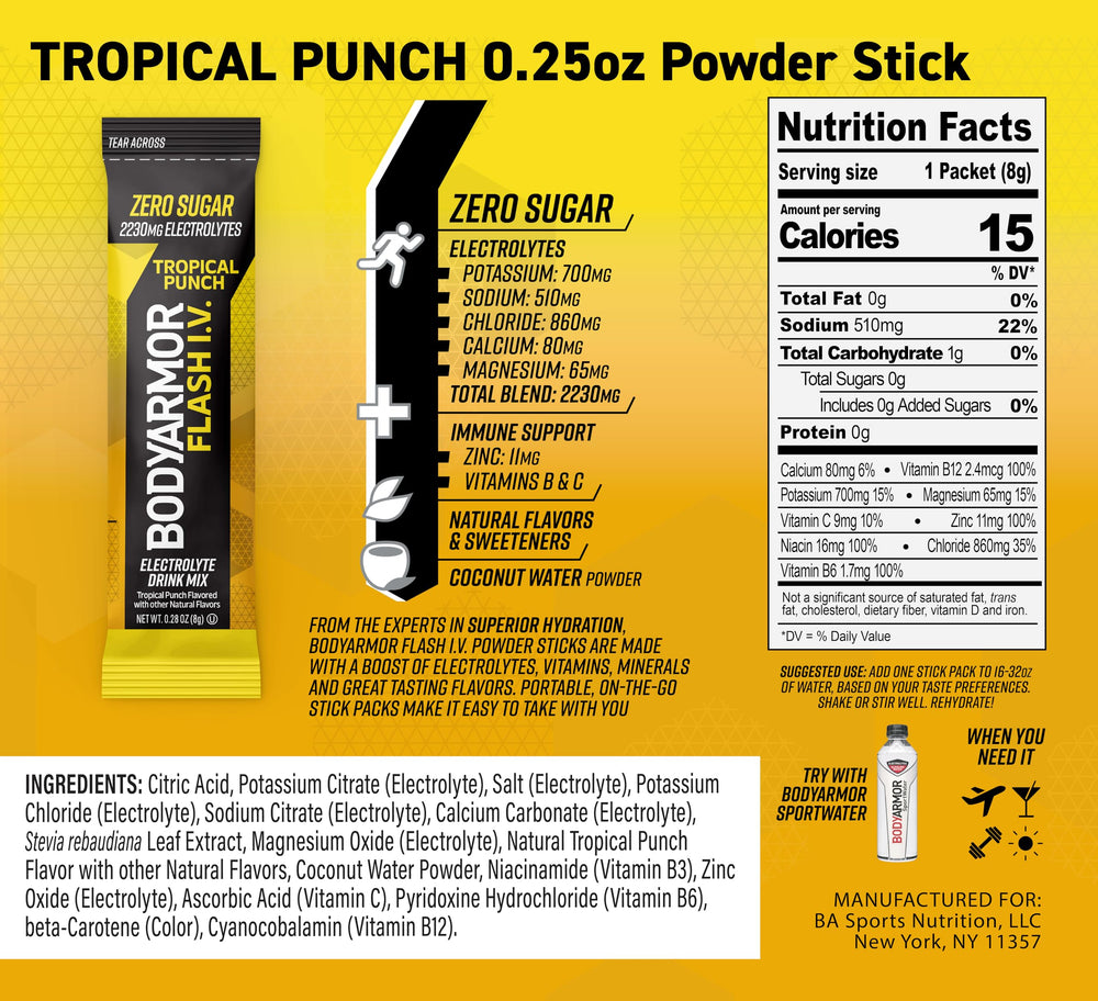 BODYARMOR Flash IV Tropical Punch powder dissolving in water for a refreshing electrolyte drink