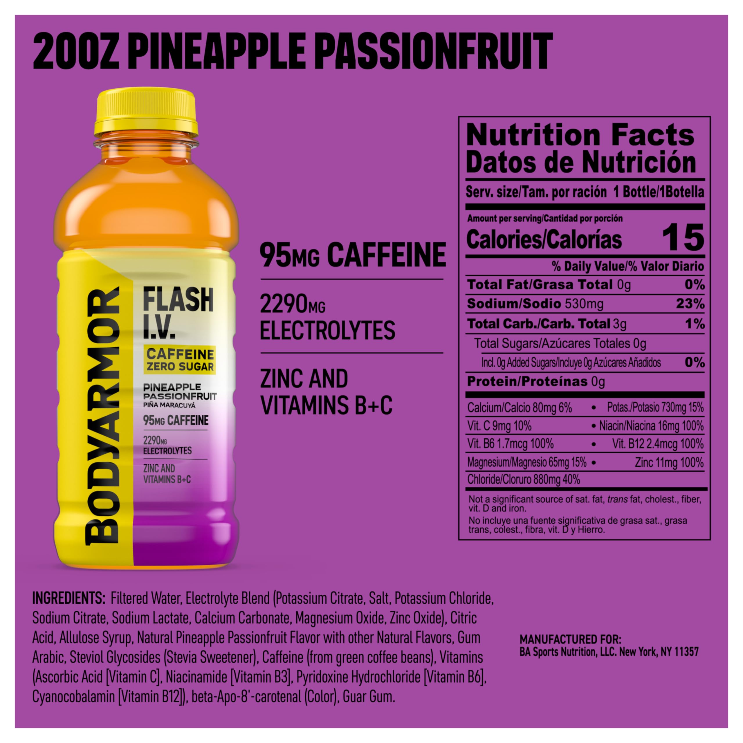 BODYARMOR Flash I.V Pineapple bottle close-up label shows caffeine boost and clean ingredients