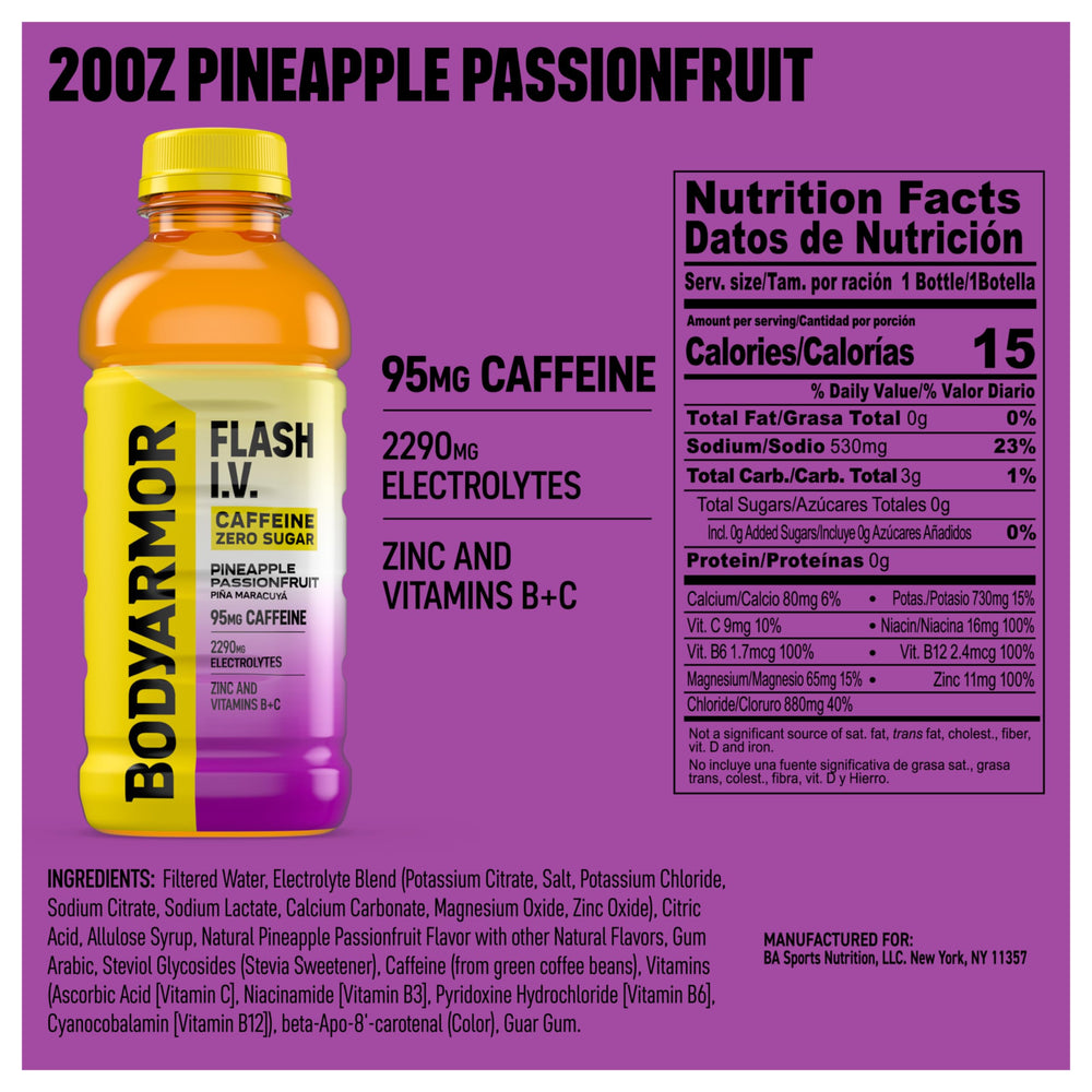 BODYARMOR Flash I.V Pineapple bottle close-up label shows caffeine boost and clean ingredients