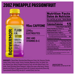 BODYARMOR Flash I.V Pineapple bottle close-up label shows caffeine boost and clean ingredients