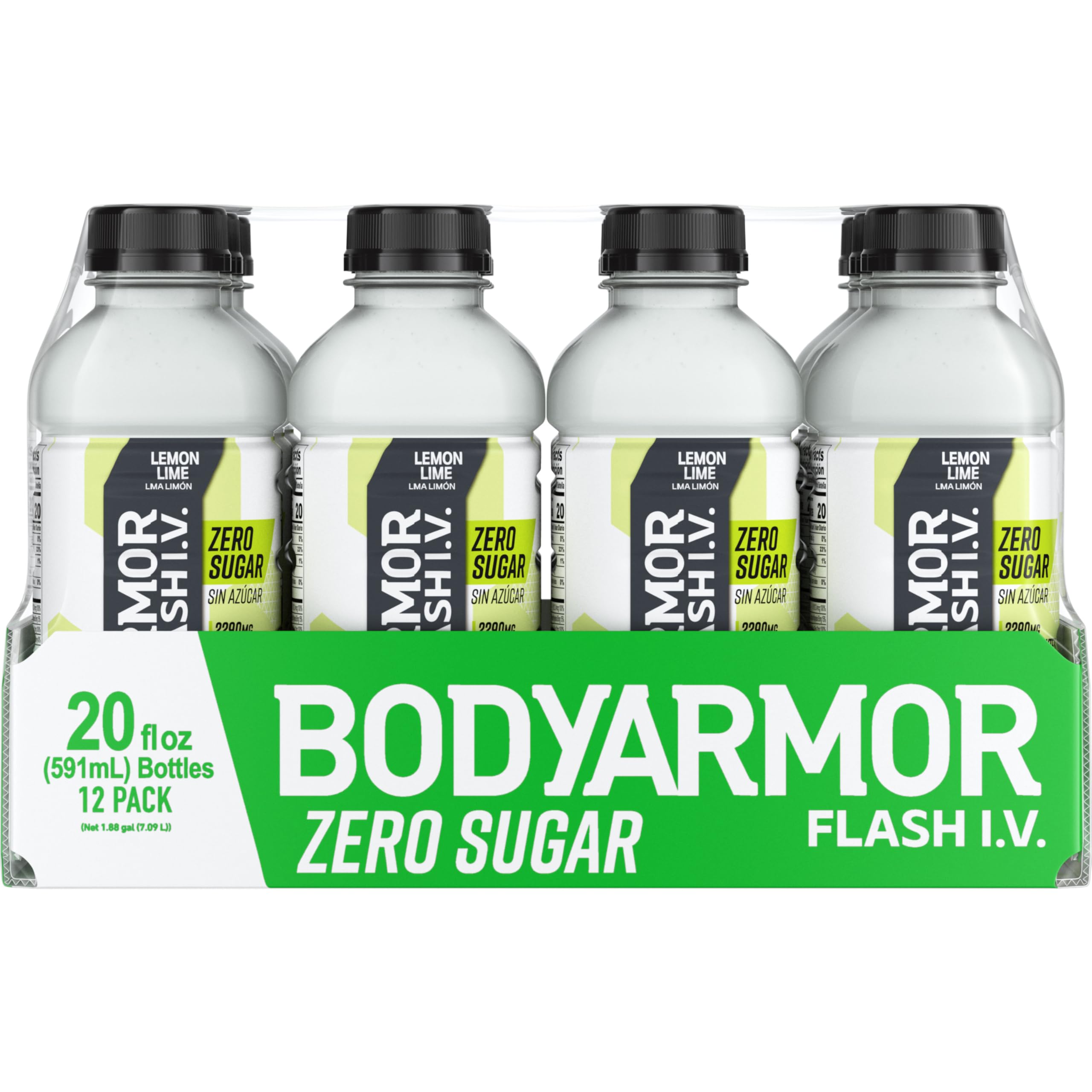 Ingredients label on BODYARMOR Flash I.V. Zero Sugar bottle.