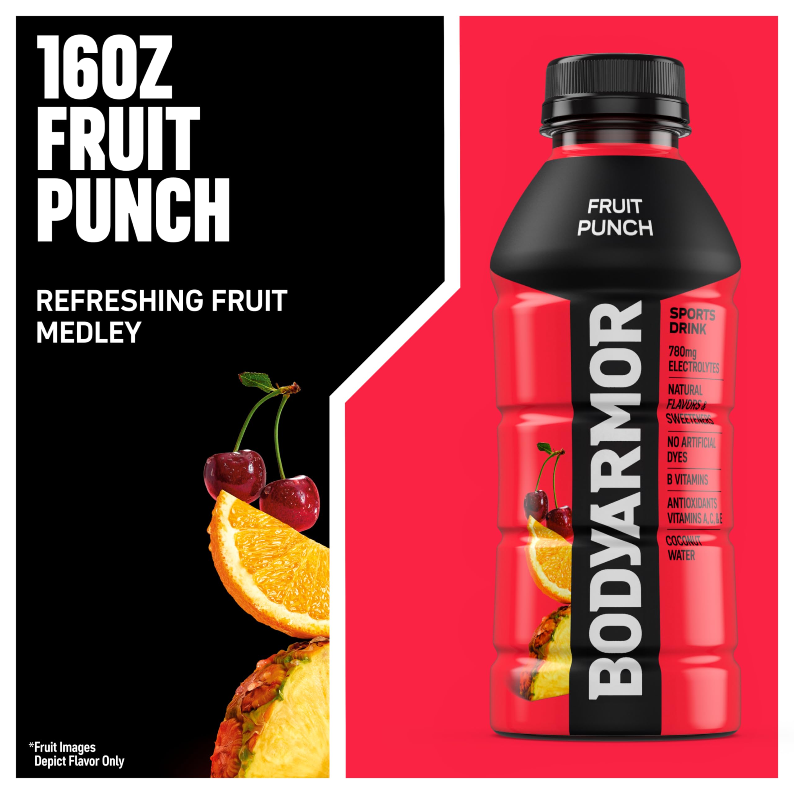 Athlete-ready BODYARMOR Fruit Punch bottle for rapid electrolyte intake.