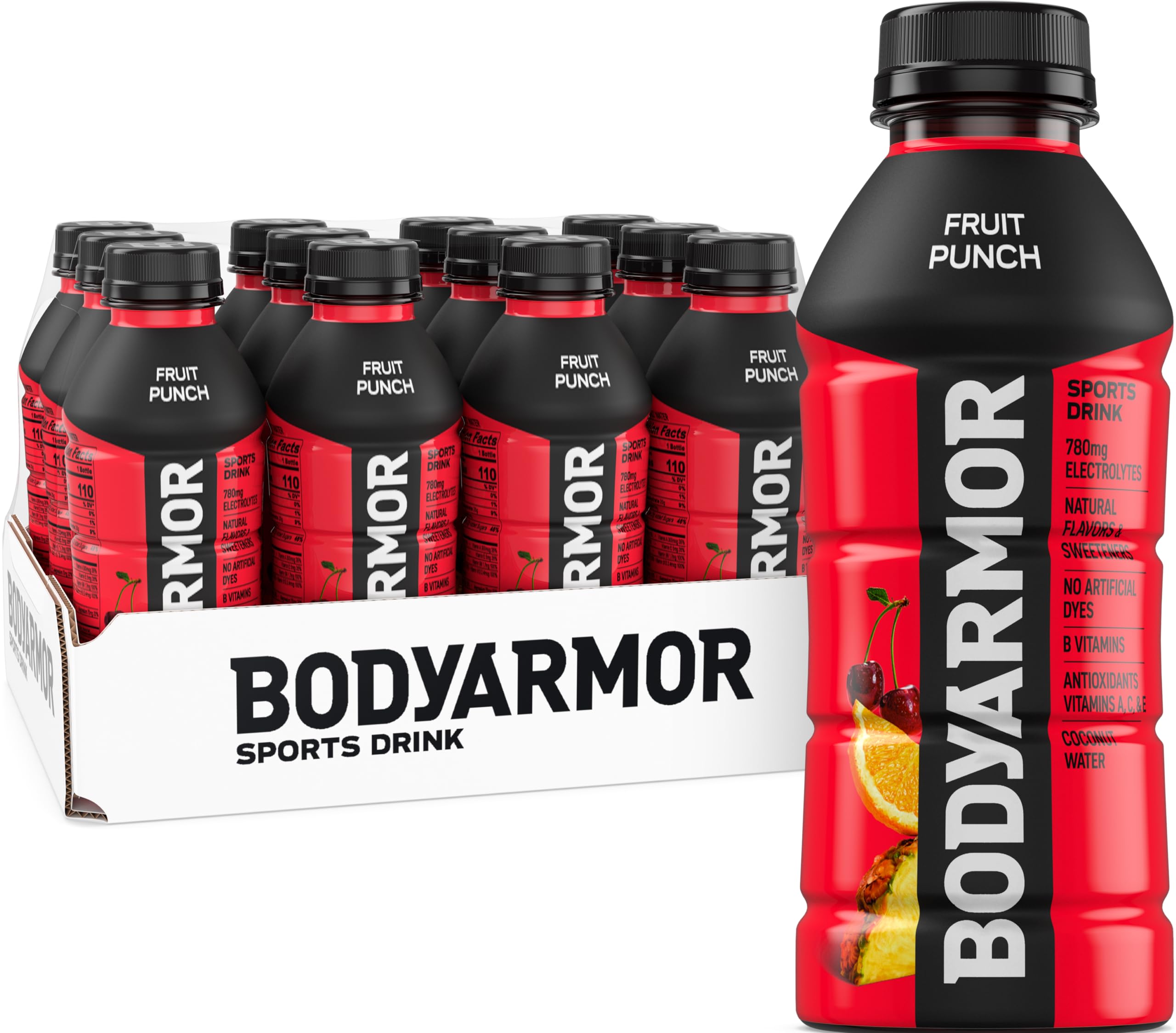 BodyARMOR fruit punch bottle front view for on-the-go hydration during workouts.