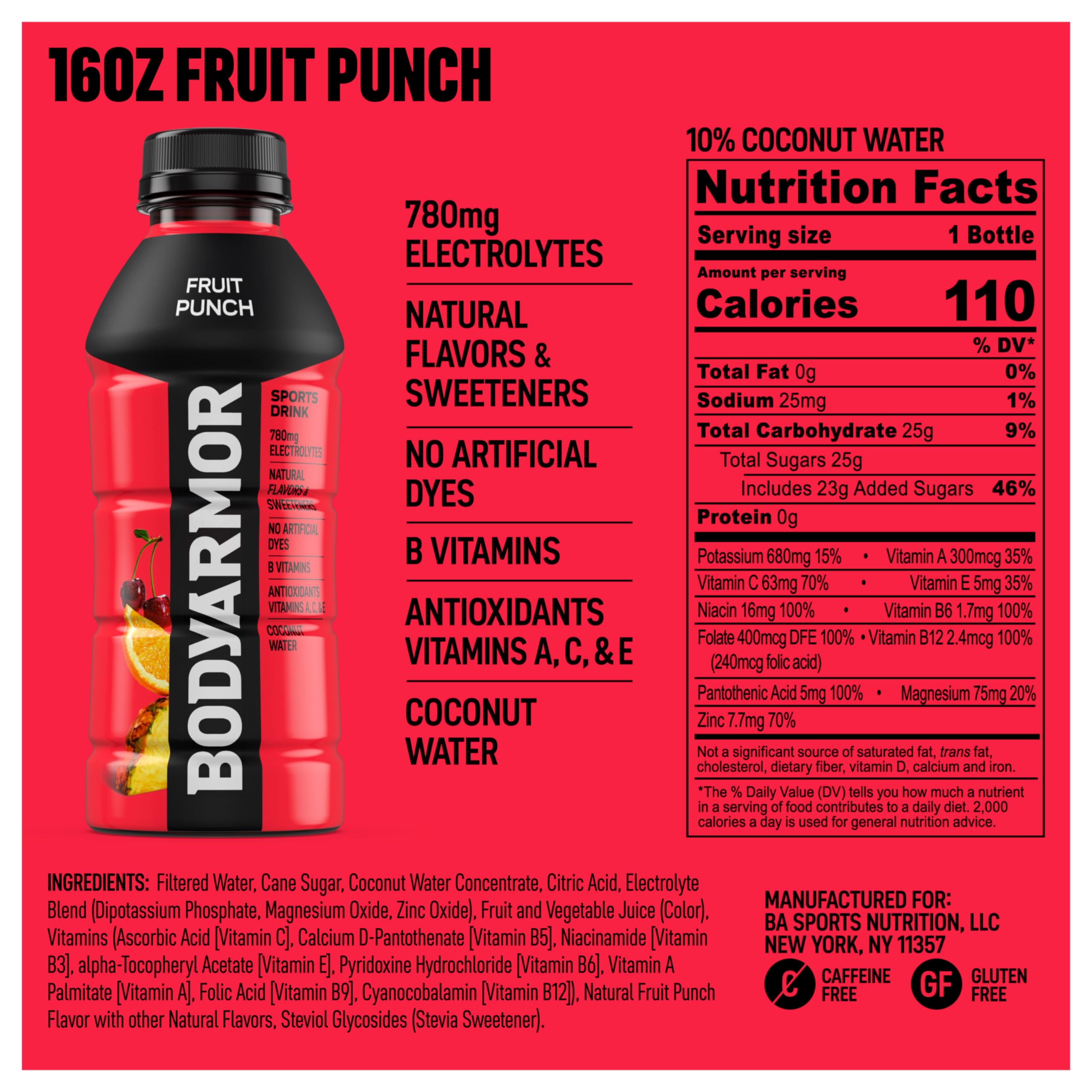 BODYARMOR Fruit Punch bottle poured for on-the-go hydration.