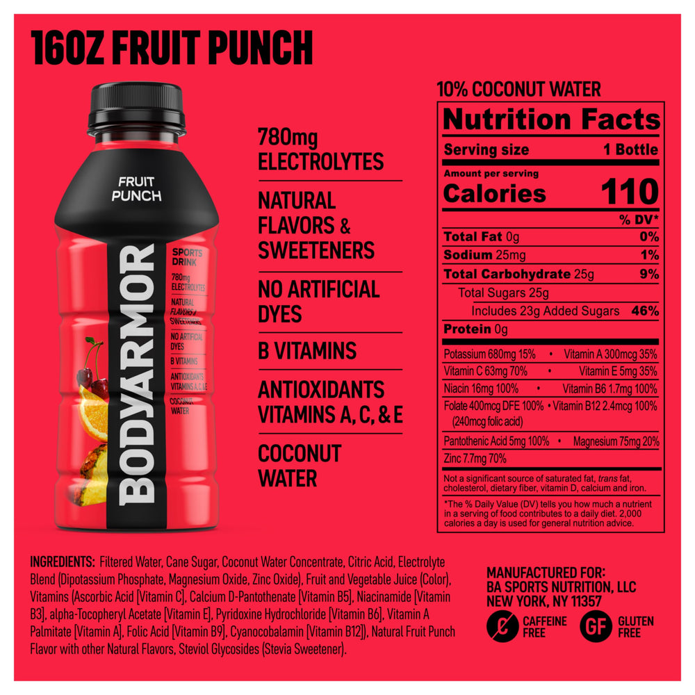 BODYARMOR Fruit Punch bottle poured for on-the-go hydration.