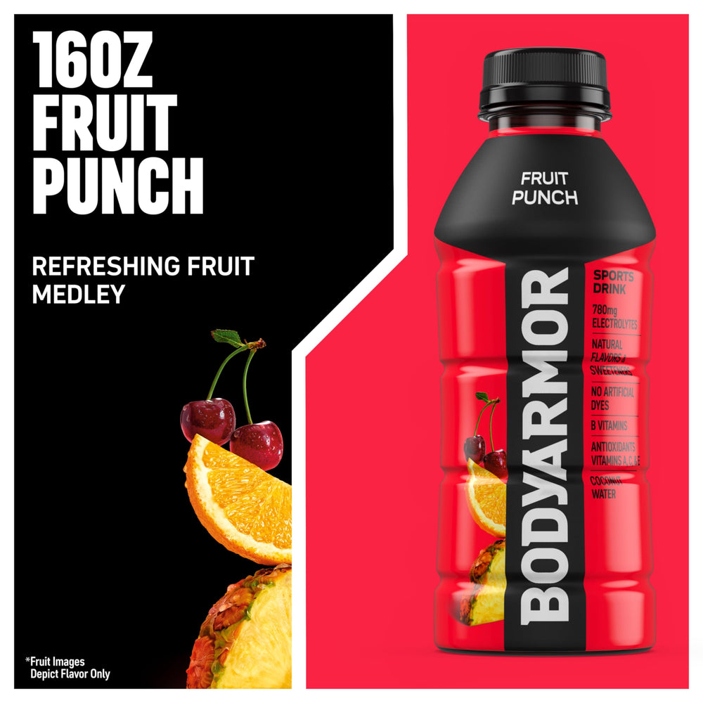 BodyARMOR fruit punch bottle pouring shows easy, post-workout rehydration.