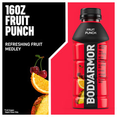 BodyARMOR fruit punch bottle pouring shows easy, post-workout rehydration.