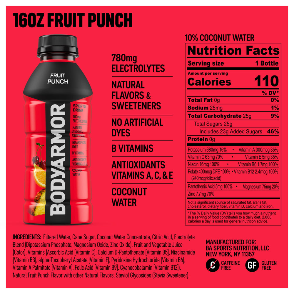 BodyARMOR fruit punch bottle side view ideal for training sessions.