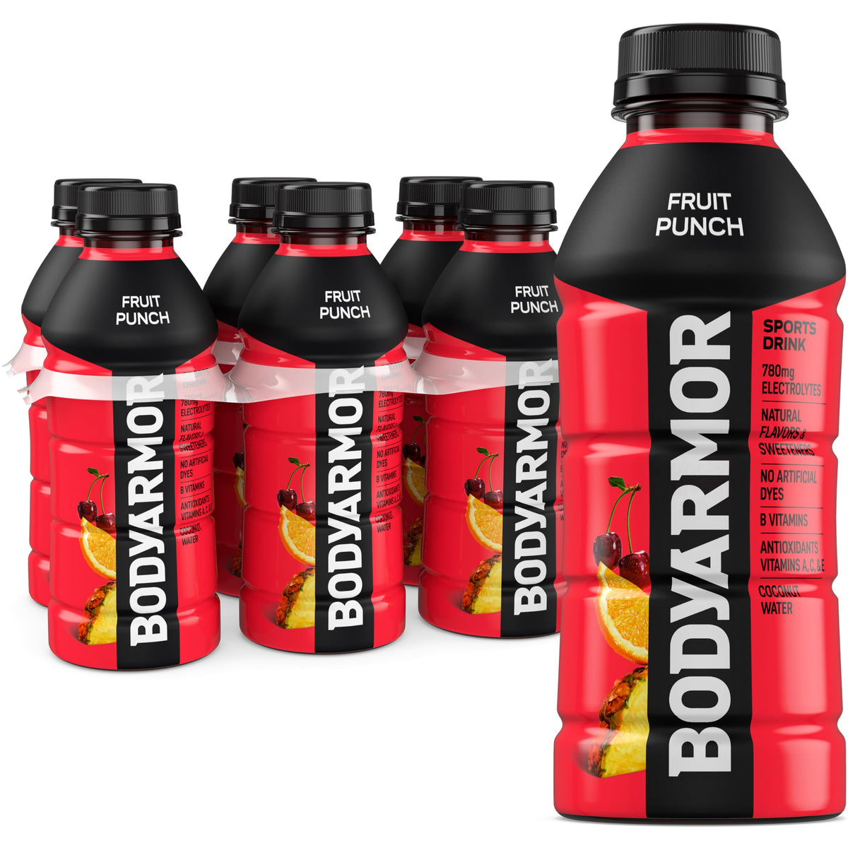 BODYARMOR Fruit Punch bottle highlighting coconut water and electrolytes.