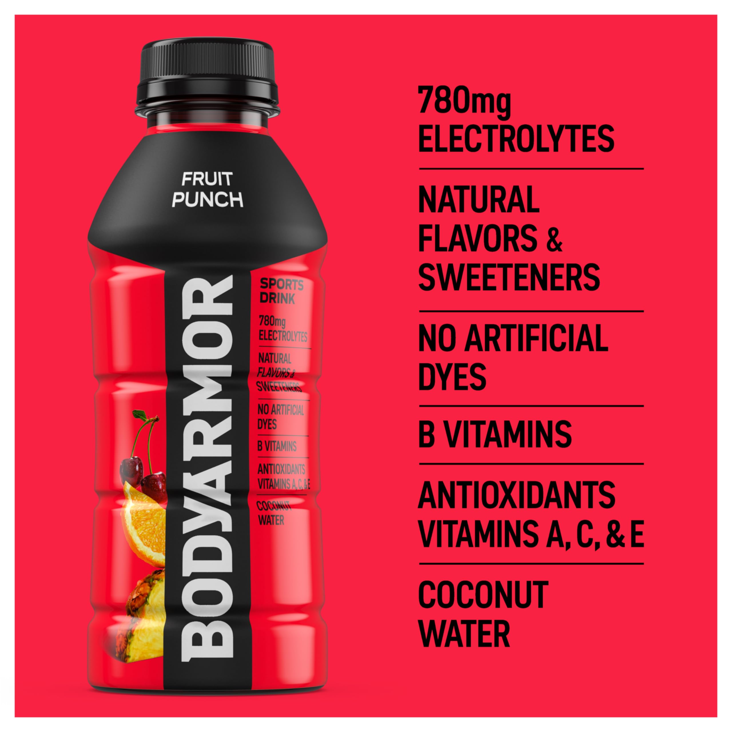 BodyARMOR fruit punch bottle shows electrolytes for hydration support.