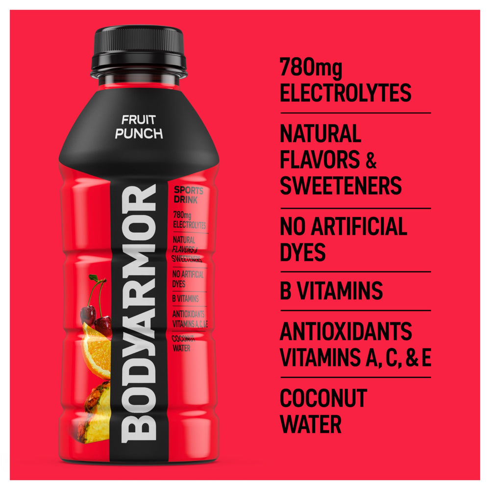 BodyARMOR fruit punch bottle shows electrolytes for hydration support.