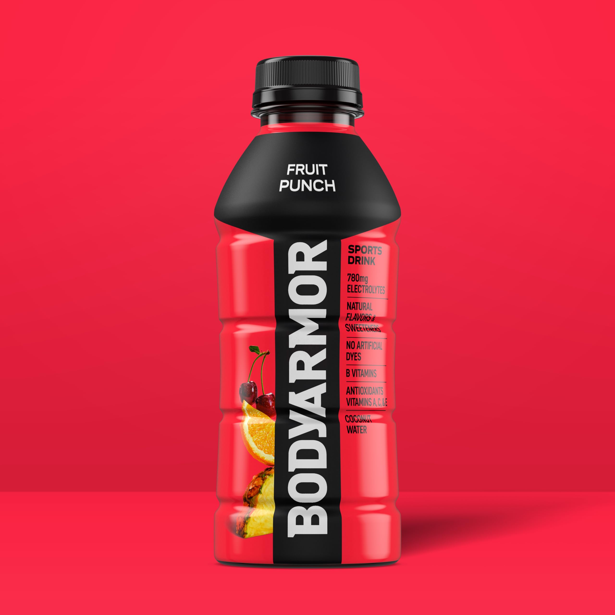 BODYARMOR Fruit Punch label emphasizes natural flavors and antioxidants.
