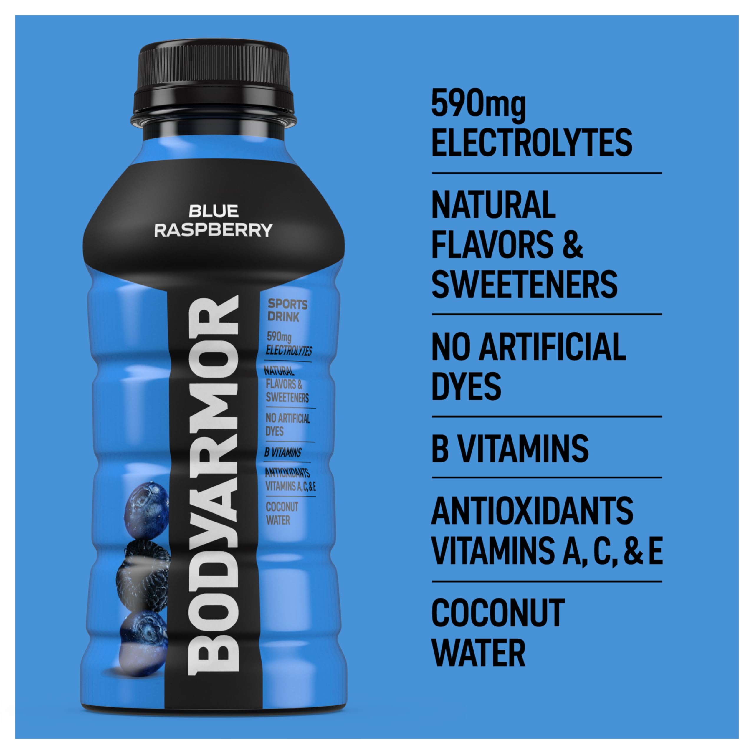 BODYARMOR label with nutrition facts emphasizes electrolyte content.