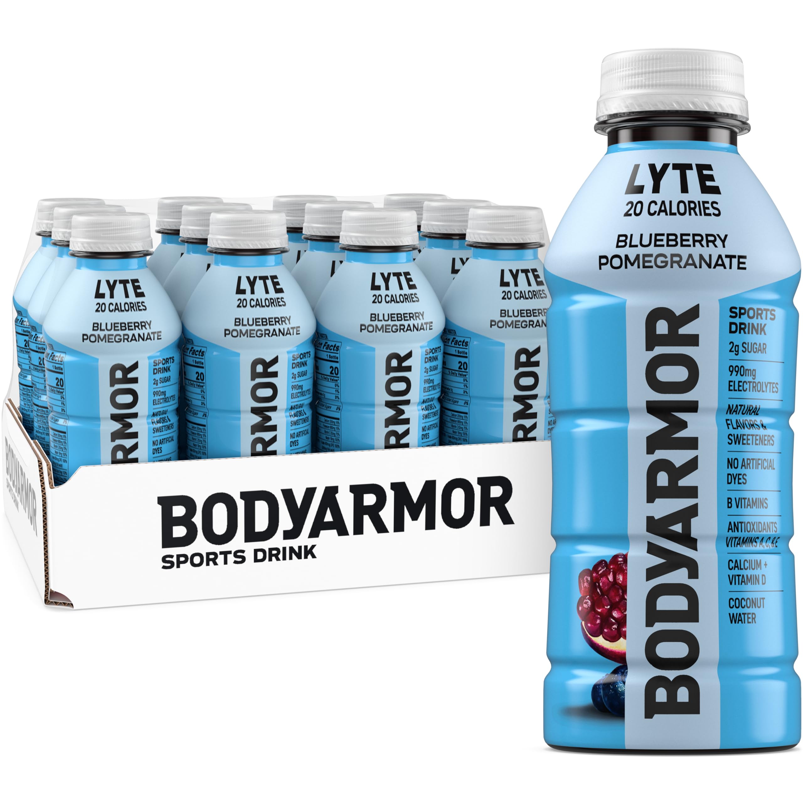 BODYARMOR LYTE blueberry-pomegranate bottle on gym shelf for post-workout hydration