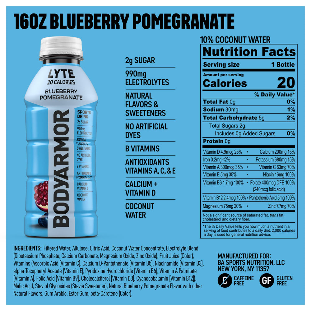 BODYARMOR LYTE blueberry-pomegranate pour showing refreshing hydration