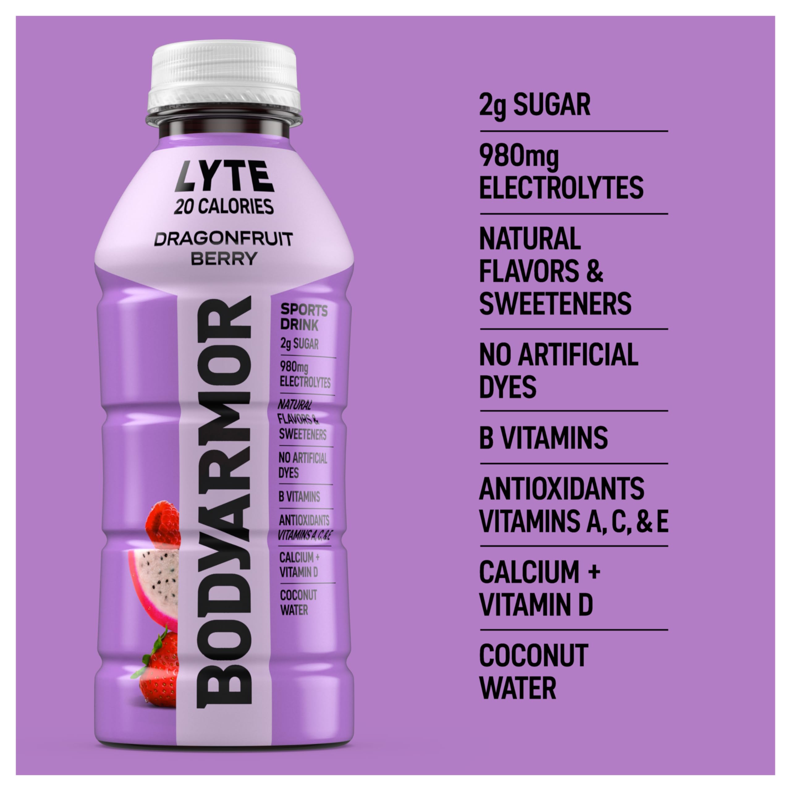 BODYARMOR Lyte Dragonfruit Berry label close-up highlighting natural flavor.