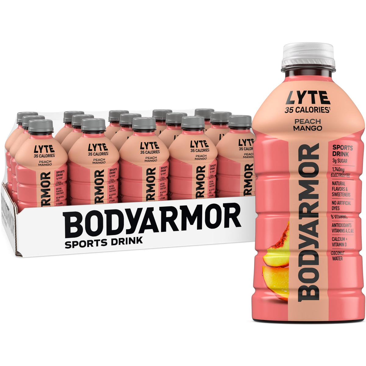 BODYARMOR Lyte Peach Mango bottle front showing low-calorie hydration for active days.