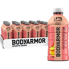 BODYARMOR Lyte Peach Mango bottle front showing low-calorie hydration for active days.