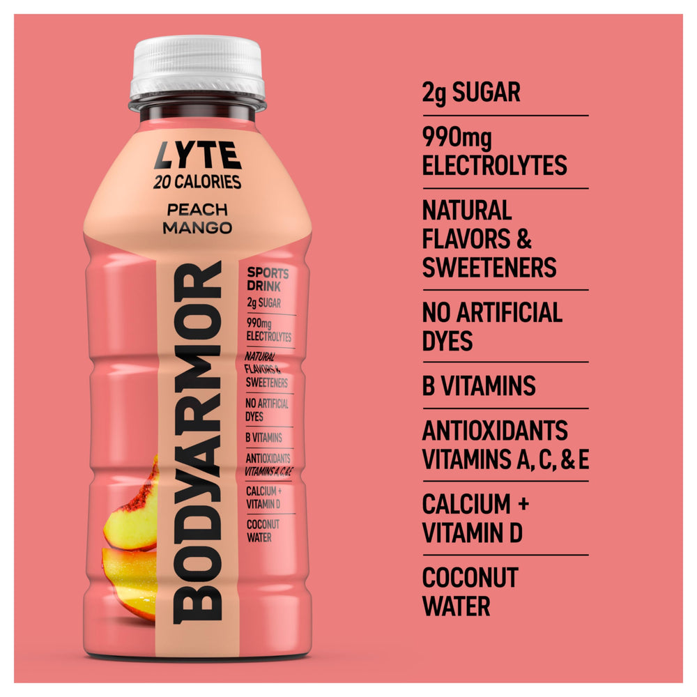 BODYARMOR Lyte Peach Mango glass displaying natural flavor for hydration.