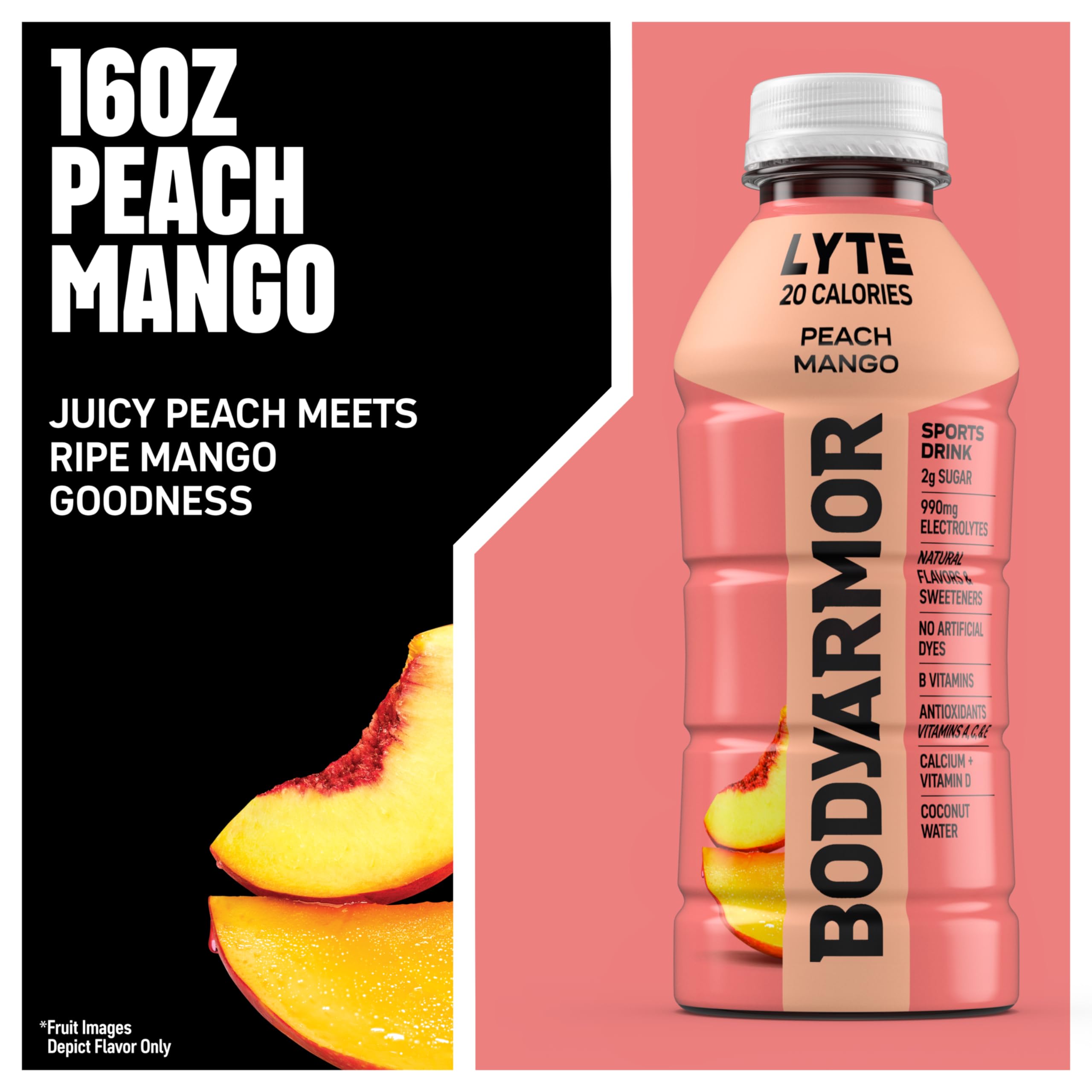 BODYARMOR Lyte Peach Mango ingredients highlighting coconut water and electrolytes.