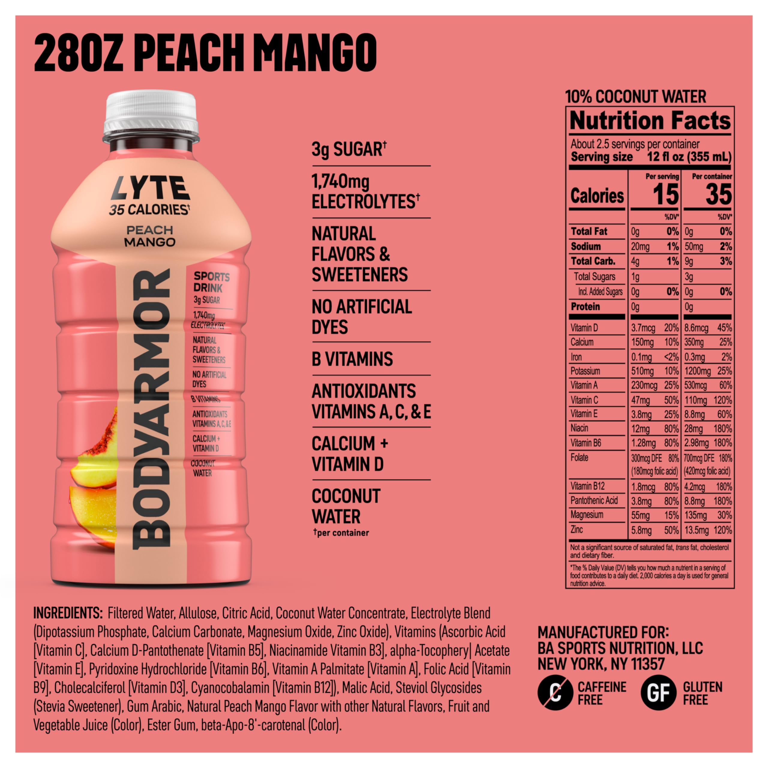 BODYARMOR Lyte label close-up highlighting natural peach mango flavor and no artificial additives.