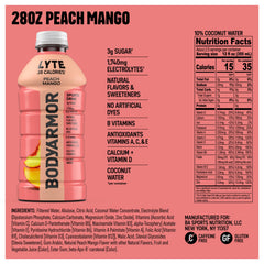 BODYARMOR Lyte label close-up highlighting natural peach mango flavor and no artificial additives.